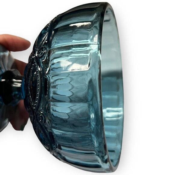 Vintage Embossed Blue Glass Pedestal Dessert, Ice Cream, Candy Dish - Picture 8 of 10